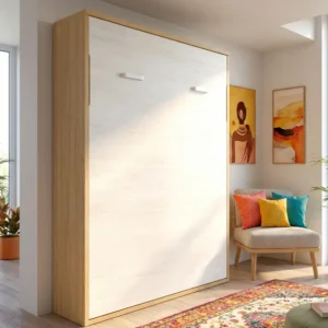 Cama abatible vertical de matrimonio cerrada en acabado madera y blanco