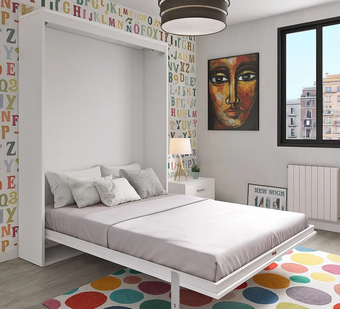 Cama abatible vertical de matrimonio de fondo reducido abierta