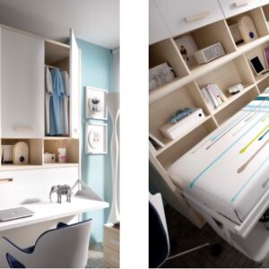 Interior de cama abatible 105x190 con escritorio, armario superior y estanterías