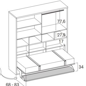 Plano técnico de cama abatible horizontal 105x190 con escritorio y armario superior