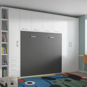 Dormitorio matrimonio con cama abatible horizontal integrada en armarios