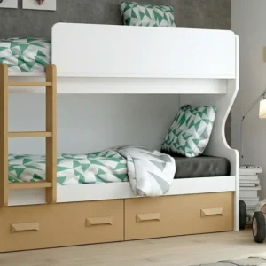 Litera juvenil blanca con cajones y escalera de madera 90x190 modelo Lider 30