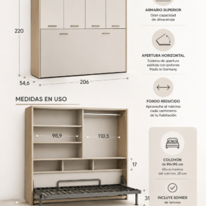 Medidas de cama abatible horizontal 90x190 con fondo cerrado de 54,6 cm