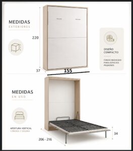 Medidas de cama abatible vertical de matrimonio de fondo reducido