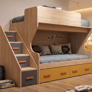 Litera de madera con dos cajones nido amarillos y escalera con un cajón inferior y tres compartimentos con puerta