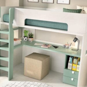 Cama alta con escritorio RMB en blanco y menta