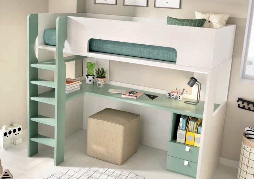 Cama alta con escritorio RMB en blanco y menta