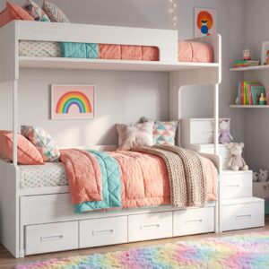 Litera triple compacta Yaboni ambientada en dormitorio juvenil con decoración