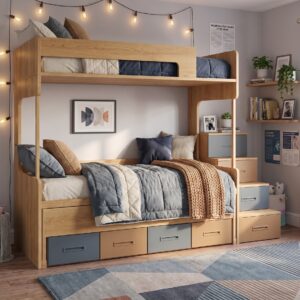 Litera triple compacta Yaboni en color roble, con la tercera cama inferior sobre ruedas