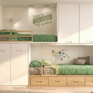 Litera tren juvenil con altillo, armarios y cajones en dormitorio moderno
