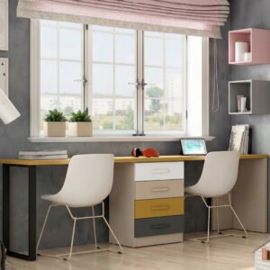 Escritorio doble juvenil moderno con cajonera multicolor.