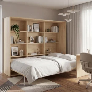 Cama abatible horizontal de matrimonio 135x190 con estantería integrada en madera