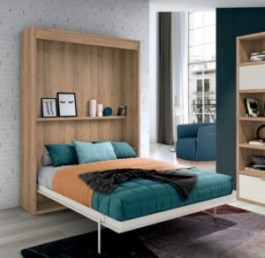 cama abatible vertical de matrimonio abierta con estantería moderna