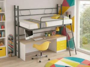 Cama alta metálica juvenil con escritorio integrado y escalera lateral