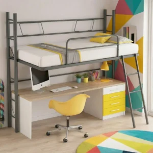 Cama alta metálica juvenil con escritorio integrado y escalera lateral