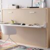 Cama abatible horizontal con escritorio integrado en color madera y blanco
