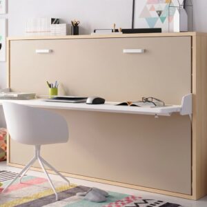 Cama abatible horizontal con escritorio integrado en color madera y blanco