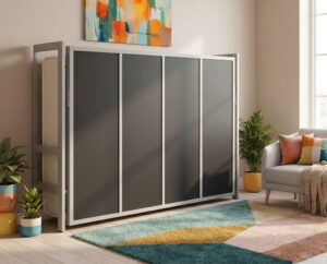 Cama abatible horizontal de matrimonio con estructura metálica negra y sistema hidráulico de apertura