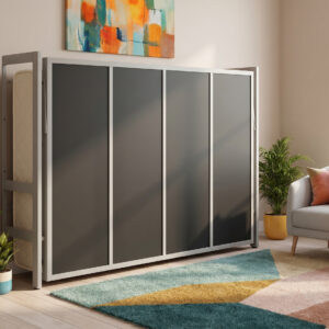 Cama abatible horizontal de matrimonio con estructura metálica negra y sistema hidráulico de apertura