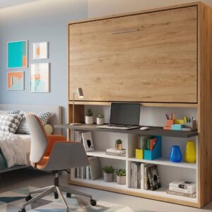 Cama abatible horizontal 90×190 con mesa de estudio y estantería