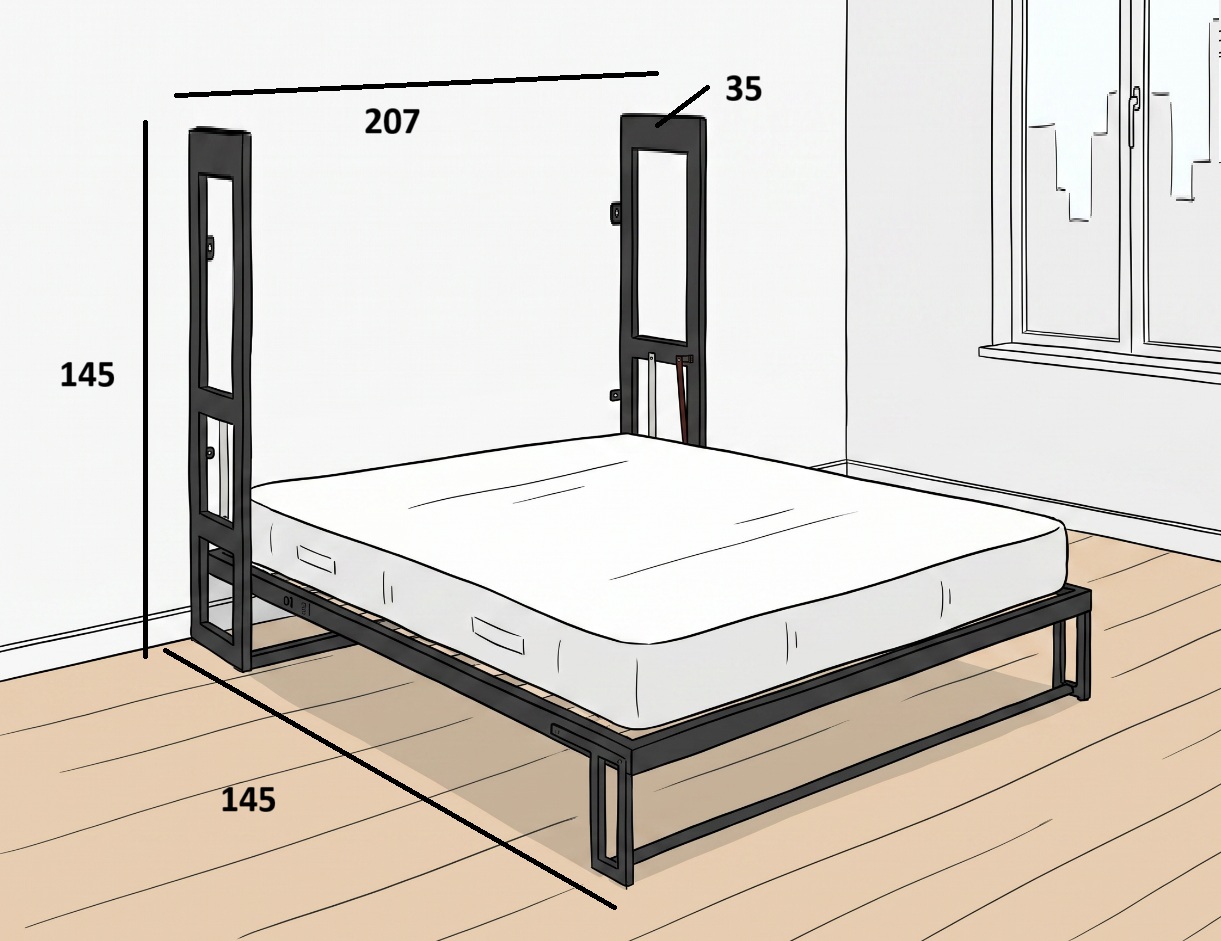 Medidas de cama abatible horizontal de matrimonio 135x190 con estructura metálica y fondo reducido