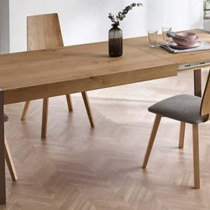 mesa de comedor extensible de madera con patas metálicas