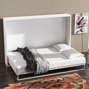 Cama abatible horizontal abierta en Barcelona con somier de láminas en color blanco
