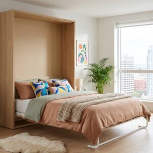 Cama abatible vertical Nova 120x190 abierta en dormitorio moderno con acabado madera