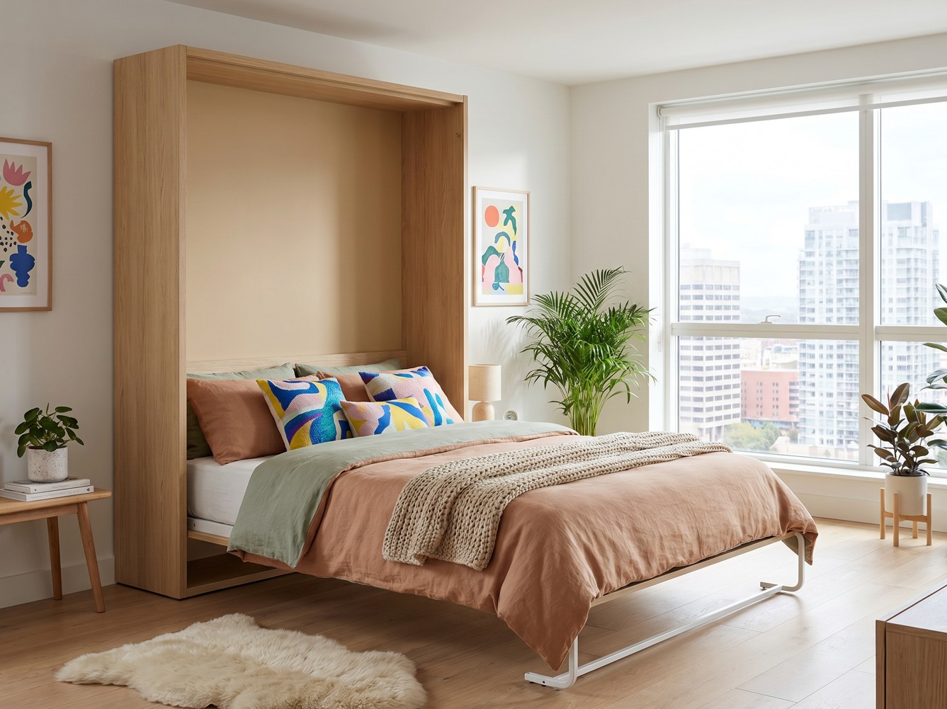 Cama abatible vertical Nova 120x190 abierta en dormitorio moderno con acabado madera