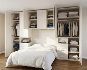 Dormitorio puente de matrimonio Kiev con armarios abiertos y almacenamiento superior