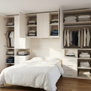 Dormitorio puente de matrimonio Kiev con armarios abiertos y almacenamiento superior