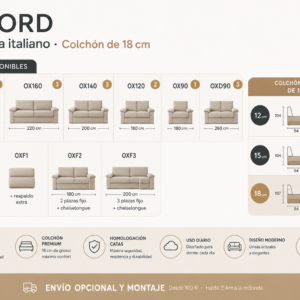 Ficha técnica sofá cama Oxford con colchón de 18 cm, medidas y opciones disponibles
