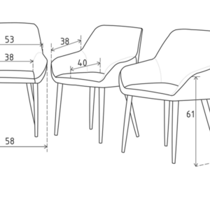 Croquis de la silla Nela: 86 cm de alto, 58 cm de ancho y 65 cm de fondo