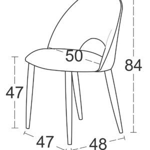 Croquis de medidas de la silla Ryta con altura total de 84 cm y asiento a 47 cm