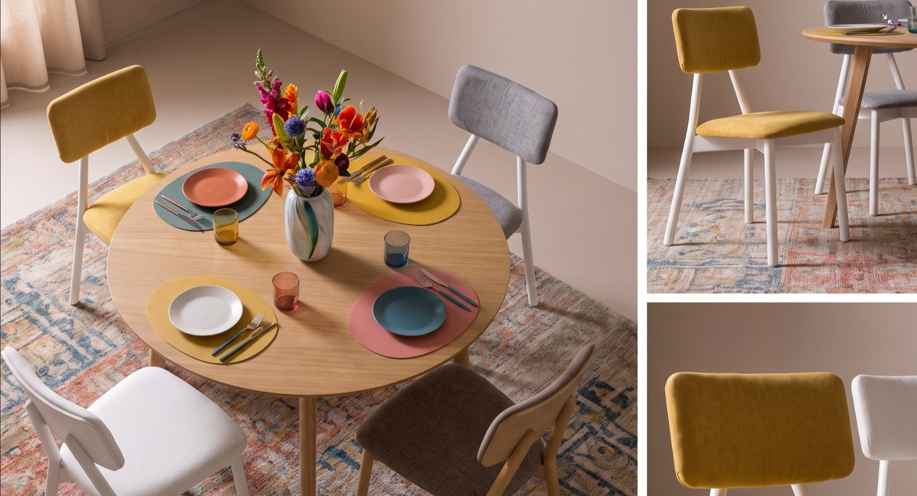 Silla de comedor Tada de Pemi junto a mesa de madera
