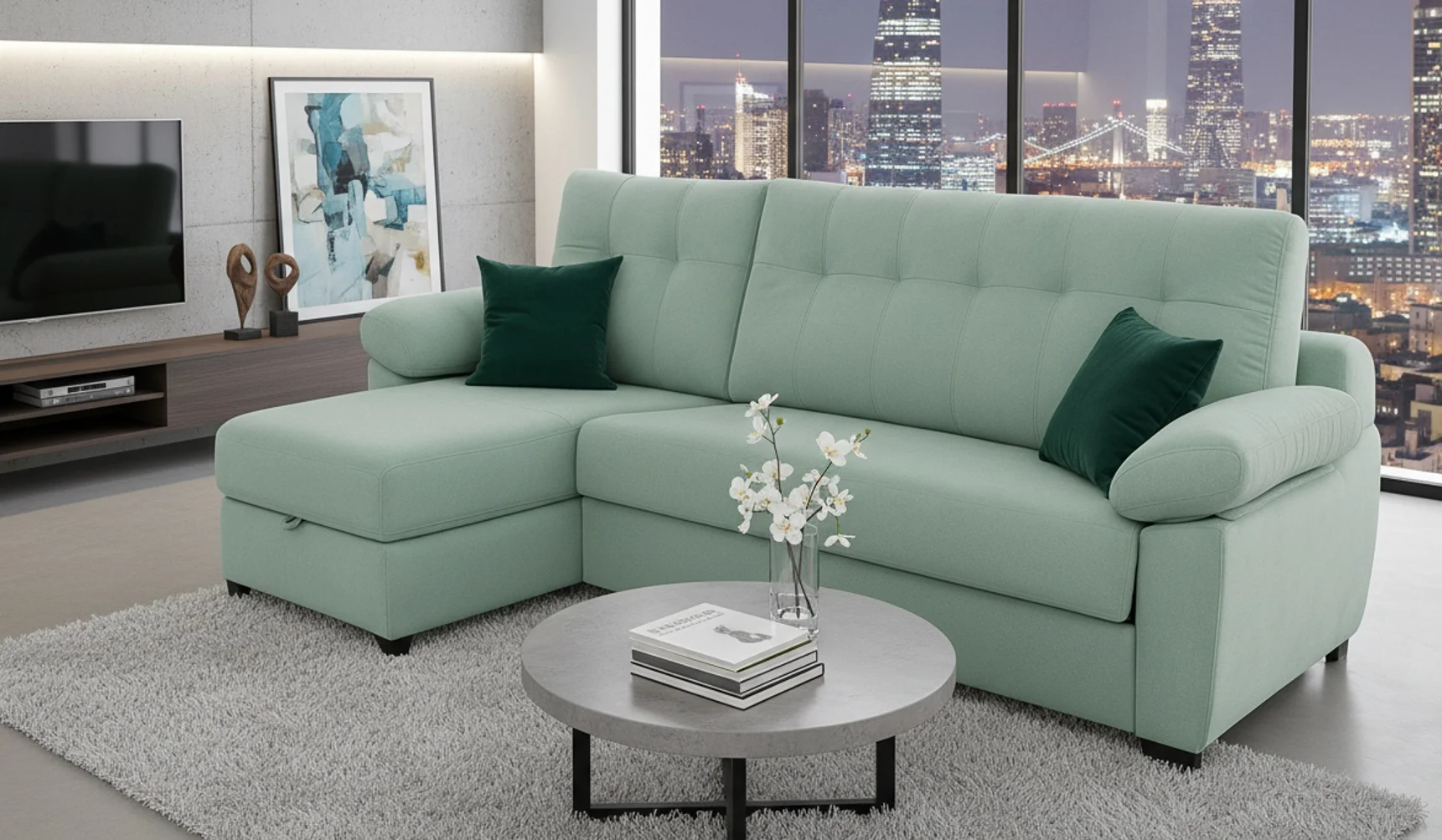 sofá cama con chaise longue moderno con almacenaje en Badalona