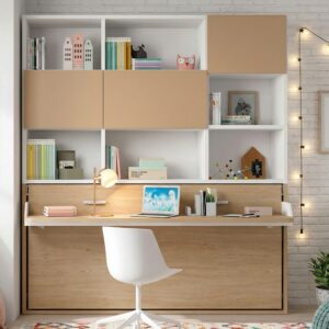 CAMA ABATIBLE CON ESCRITORIO Y LIBRERIA SUPERIOR.