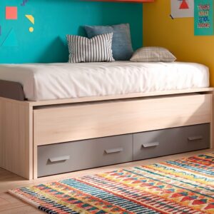 Cama compacta WIN11 con cama inferior y cajones en acabado madera y gris