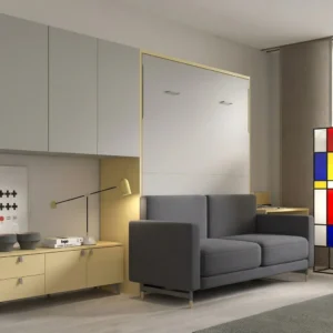 Cama abatible horizontal con sofá y armarios superiores para salón moderno