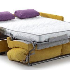 Sofá cama italiano abierto con colchón de 120x190 cm y sistema de apertura fácil