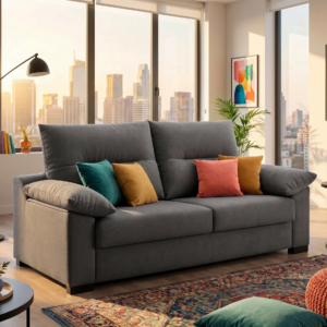 Sofá cama italiano gris abierto sistema italiano cómodo y moderno Título:
