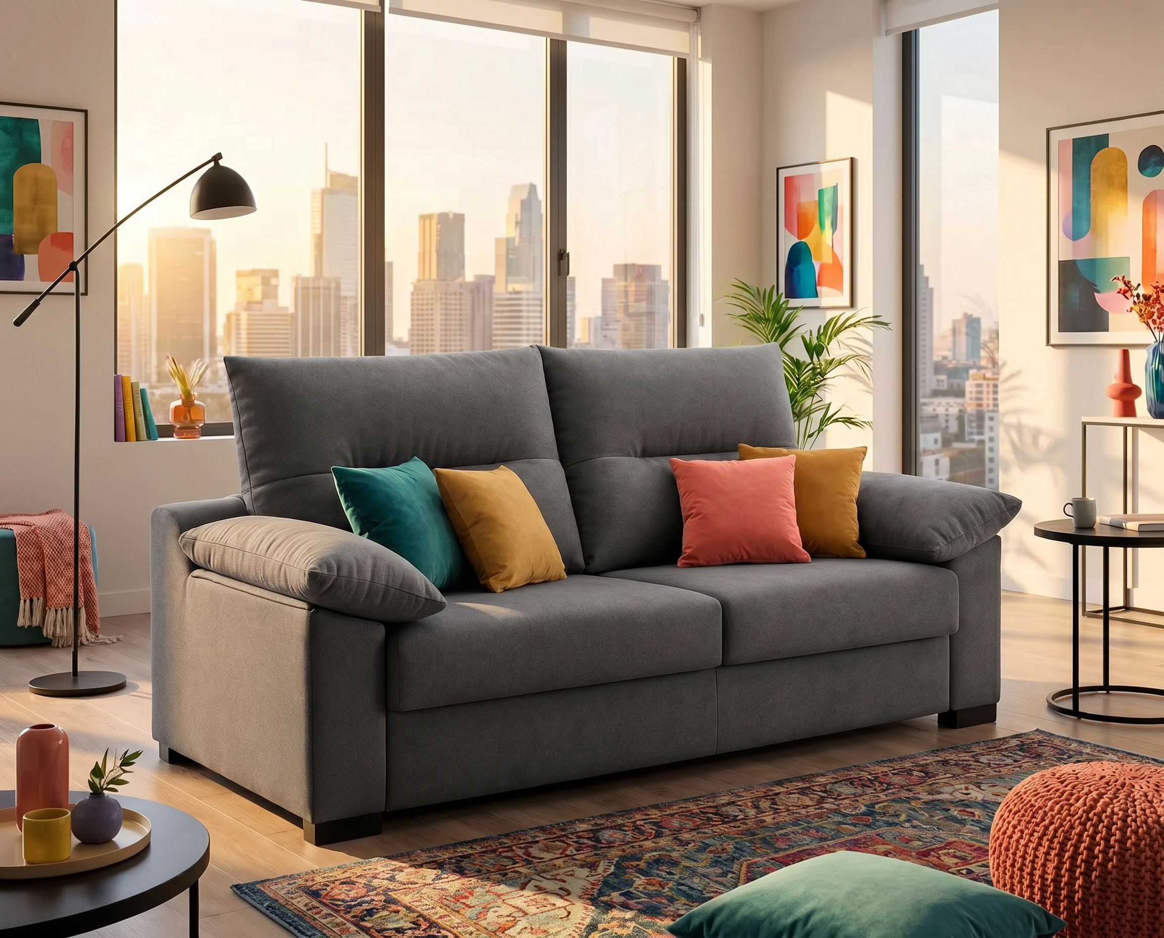 Sofá cama italiano gris abierto sistema italiano cómodo y moderno Título: