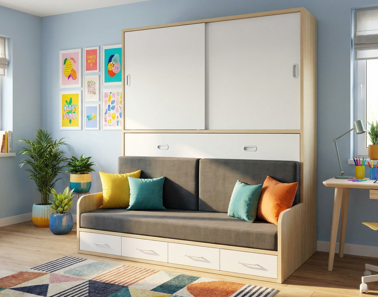 CAMA ABATIBLE CON SOFA INCORPORADO.