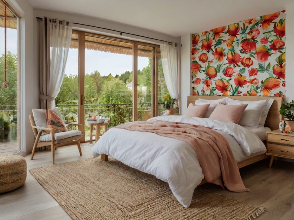 Un dormitorio de verano decorado con cuadro de amapolas y elementos de temporada.