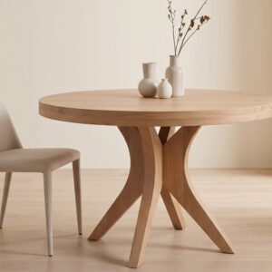 Mesa de comedor redonda extensible de madera natural con pata central
