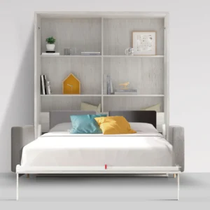 Cama abatible abierta con sofá integrado convertida en dormitorio completo