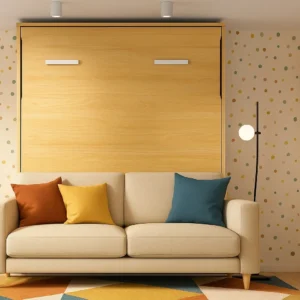 Cama abatible con sofá integrado en salón moderno, solución para espacios pequeños