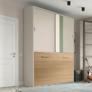 Cama abatible vertical 105x190 cerrada con armario superior en acabado blanco y madera