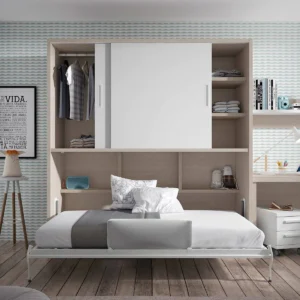Cama abatible vertical 105x190 abierta con armario interior y estanterías