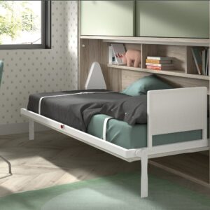Detalle de cama abatible vertical 105x190 abierta con estructura metálica y estantería
